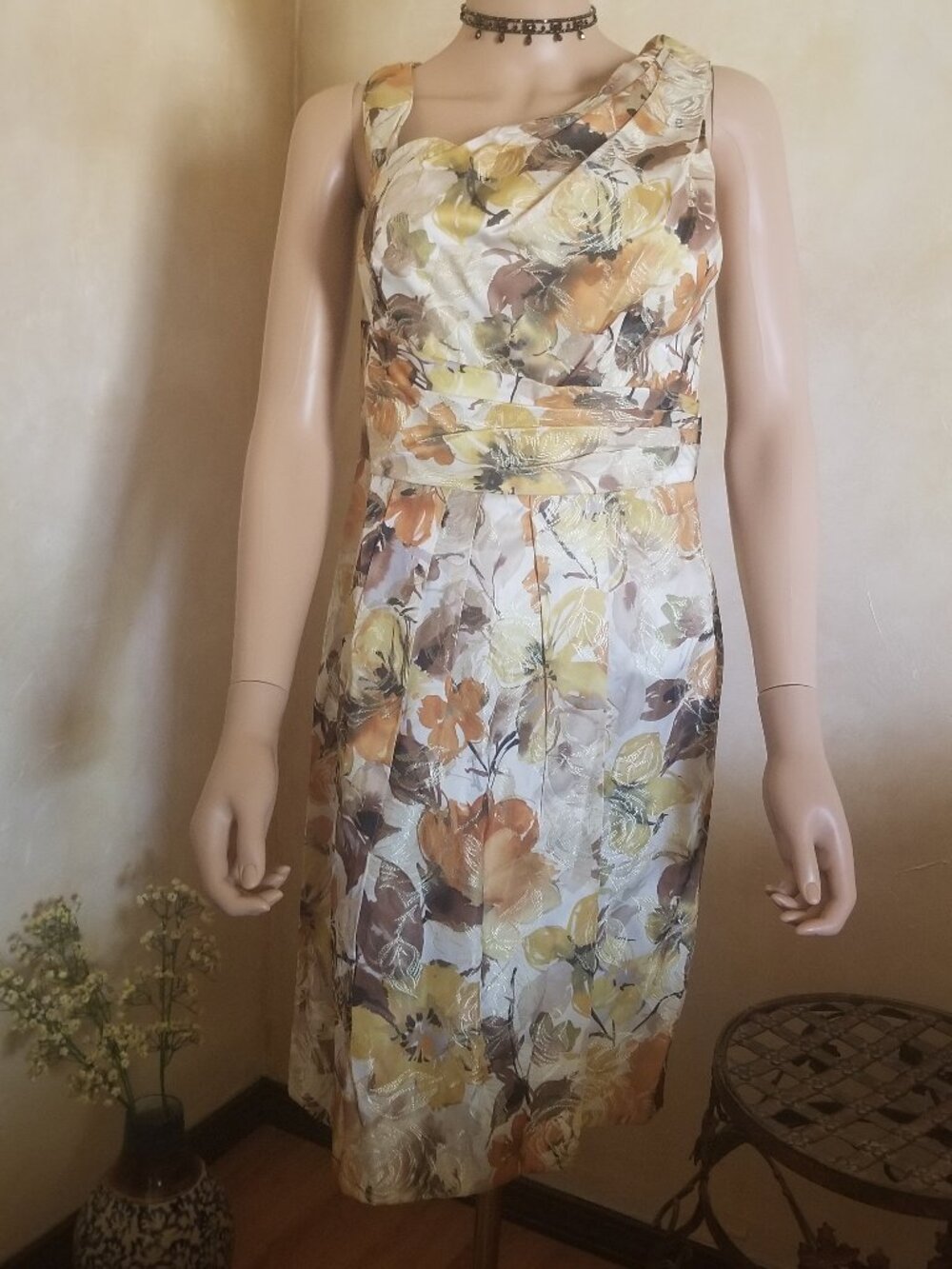 VERA WANG LAVENDER LABEL SLEEVELESS EARTH TONES FLORAL Sz 6 LINED DRESS *5701